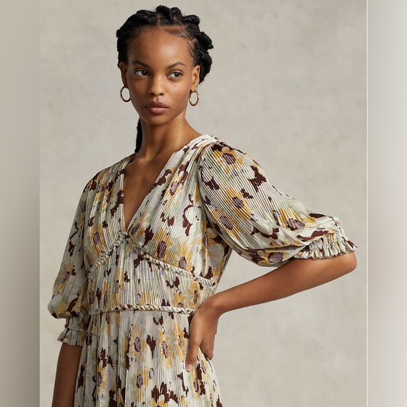 Polo Ralph Lauren Floral Pleated Satin V-Neck Dress Elbow Length Sleeve NWOT - Picture 3 of 13